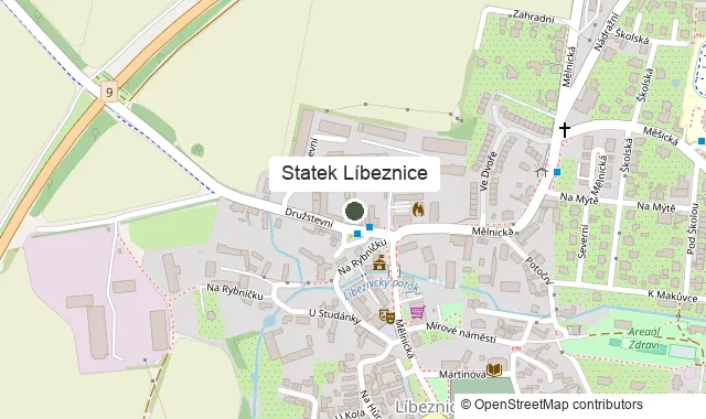 Mapa centra Líbeznic s vyznačeným Statkem v Družstevní ulici